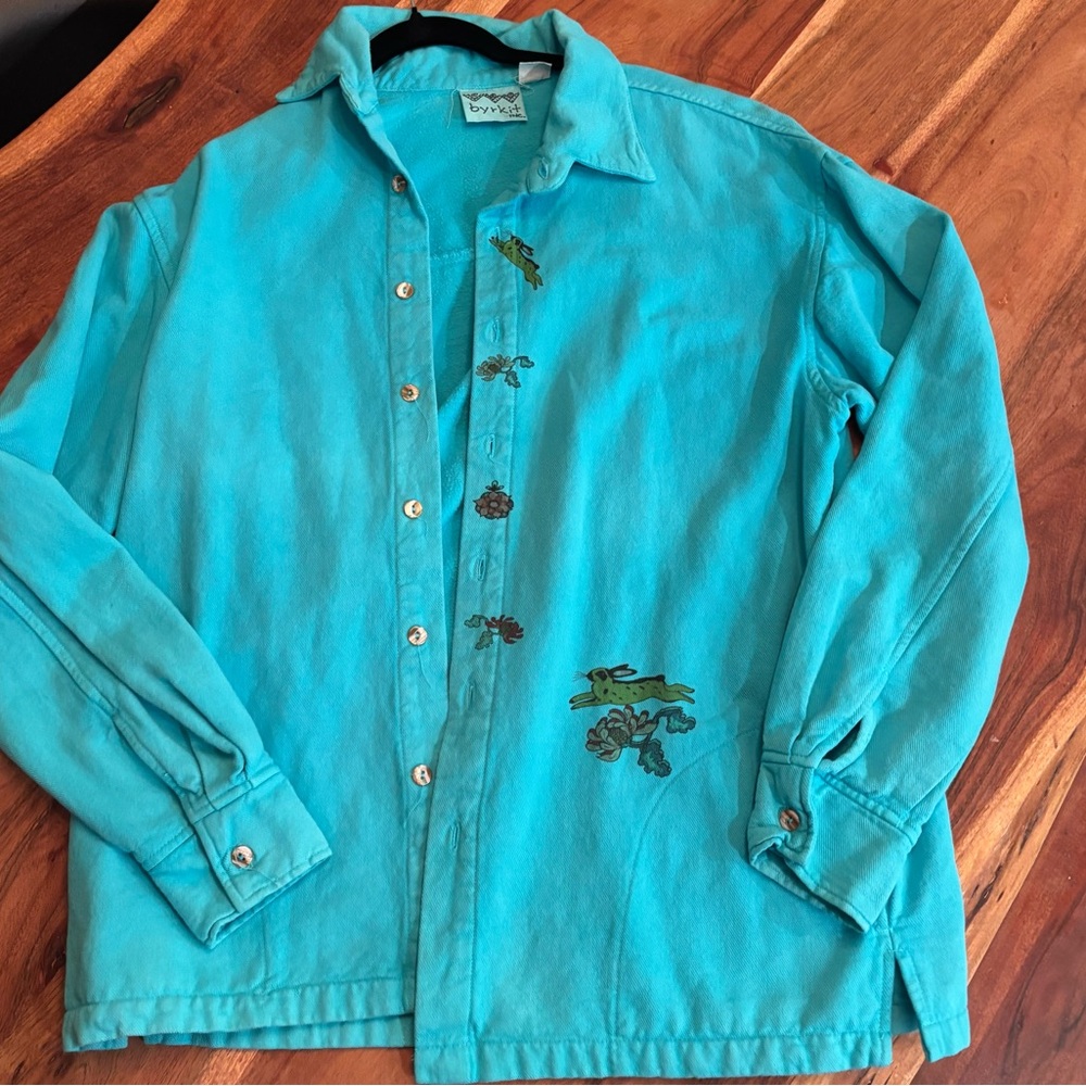 Women’s Turquoise Embroidered Button-Down Shirt - Casual Collared Top